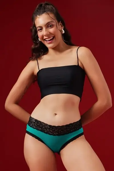 Mid Waist Hipster Panty in Teal with Lace Waist - Cotton