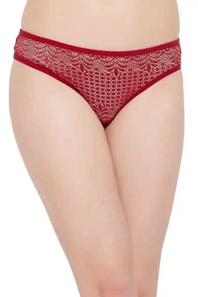 Low Waist Bikini Panty in Maroon with Sheer Back
