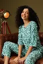 Paisley Print Kurta Top & Pyjama Set in Teal Blue - Rayon