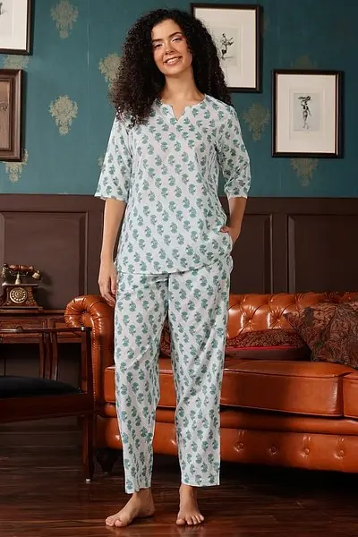 Pretty Florals Top & Pyjama in Teal Green - 100% Cotton