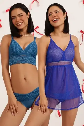 ROUGELIEBEN 4 Pc Set in Blue - Non-Padded Plunge Bralette, Low Waist Bikini Panty, Babydoll & G-string